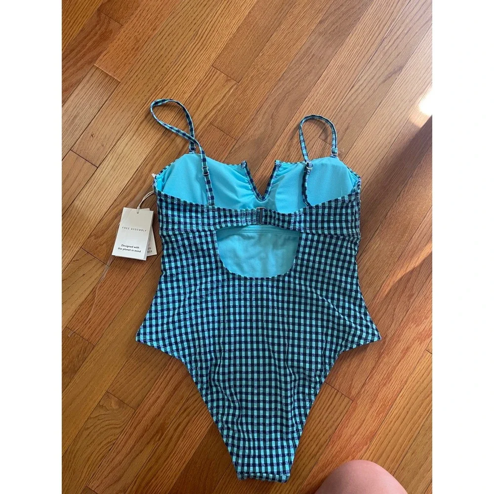 Free Assembly Blue Gingham V-Wire One Piece Swimsuit Cheeky High Leg Size M 8-10